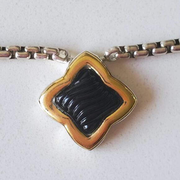 David Yurman Onyx Quatrefoil Sterling Silver & Gold Pendant Necklace 16in - Picture 5 of 7